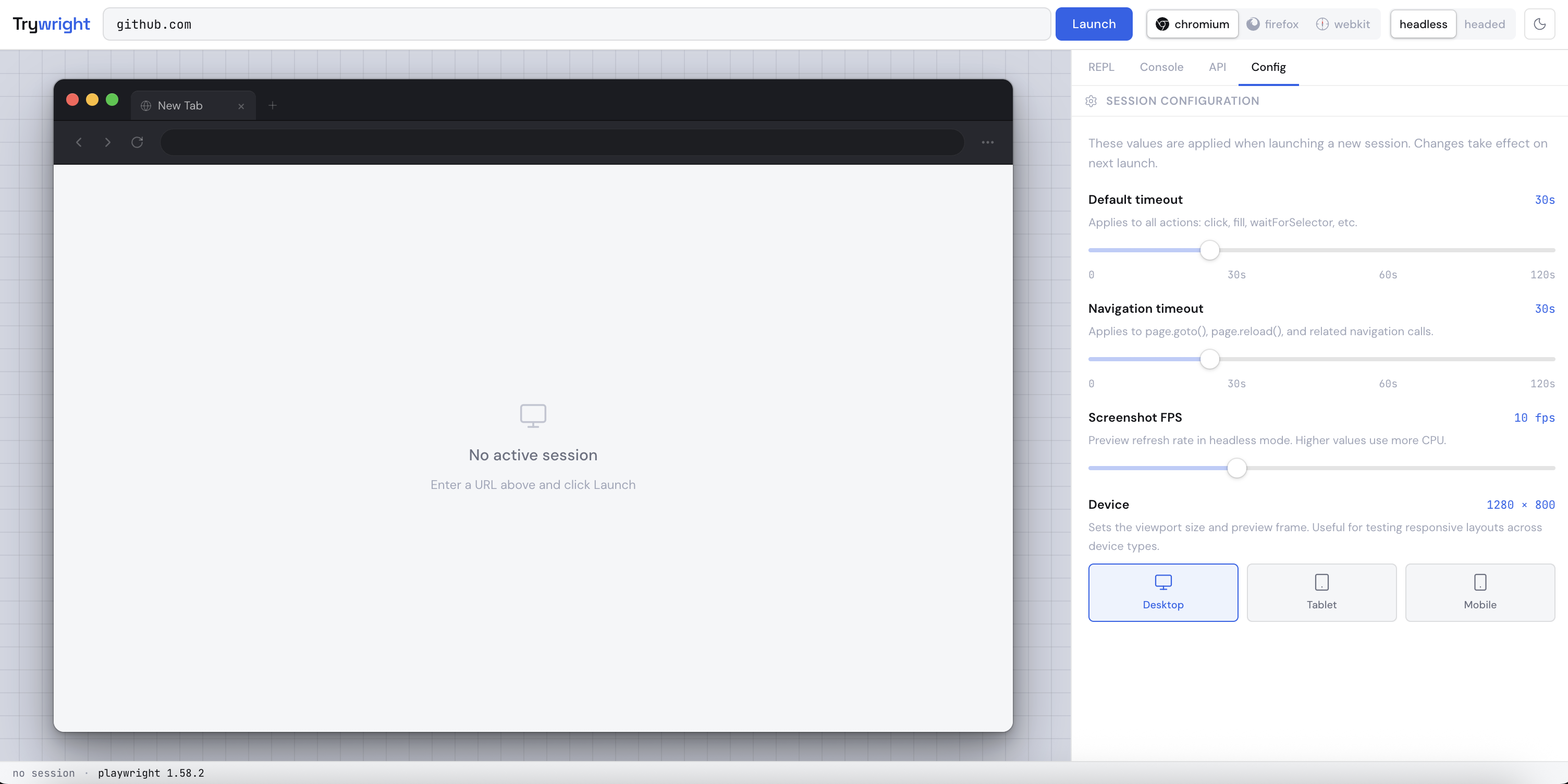 Trywright Config tab — session settings for browser, mode, viewport presets, timeouts, and FPS. 1280×800.