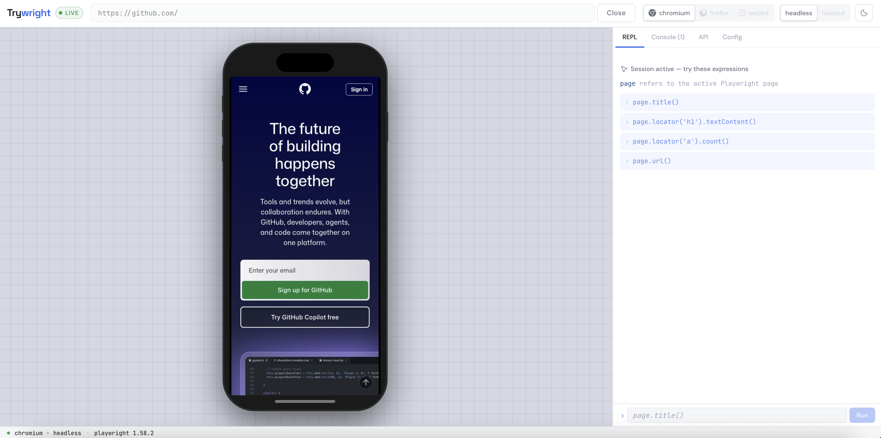 Trywright mobile viewport preset — preview pane showing the site inside an iPhone frame. 1280×800.
